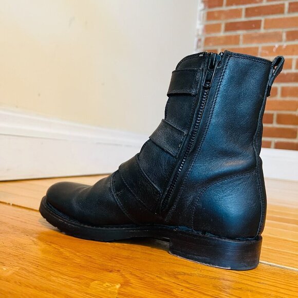 Frye Biker Chelsea Boots Combat Moto Natalie Triple Buckle Black Leather 6.5 B - Picture 13 of 16